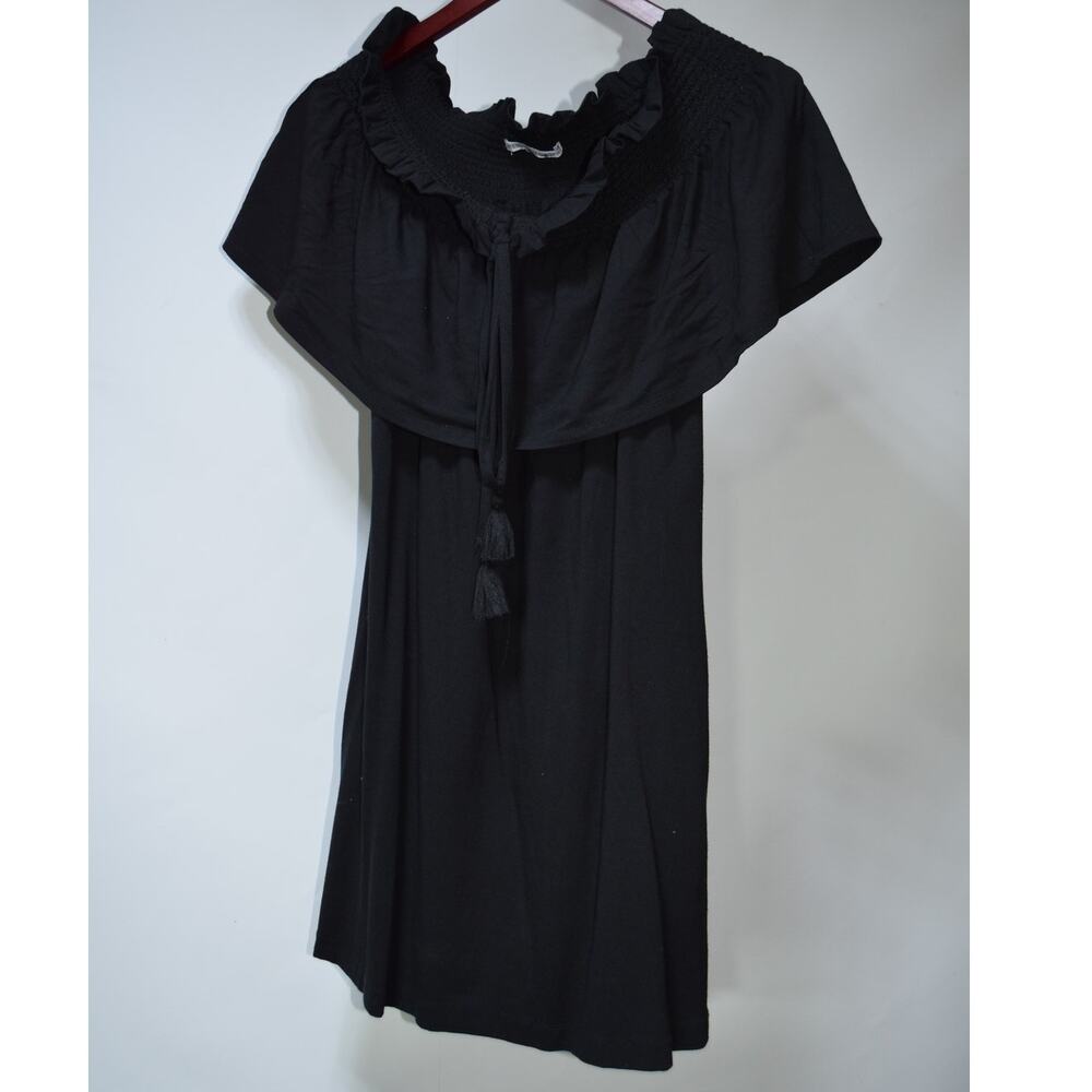 Rebecca Minkoff Black Off Shoulder Ruffle Smocked Dress Tassel Tie